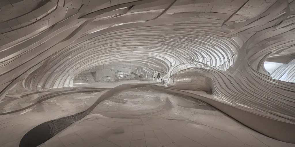 Image similar to extremely detailed stunning beautiful futuristic smooth curvilinear museum interior, smooth clean texture, hyper real, 8k, 3D cinematic volume light