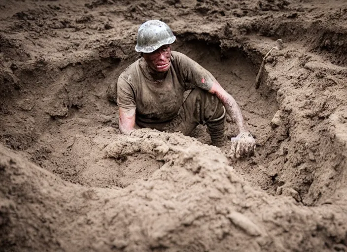 Image similar to a man wearing a dirty gray soldiers uniform living in an 8 foot deep pit made of mud