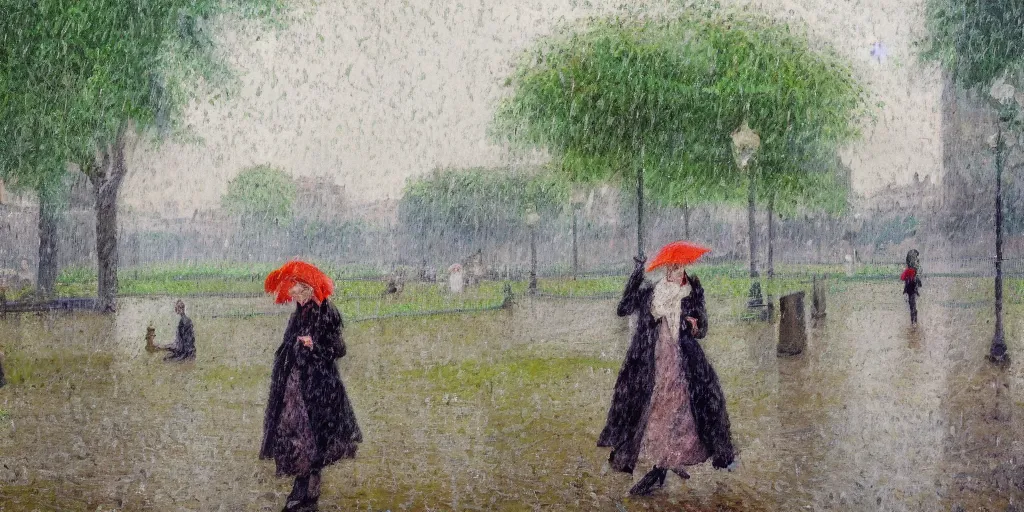 Image similar to parisian woman in the jardin du luxembourg, paris, raining, impressionist art style, 4K