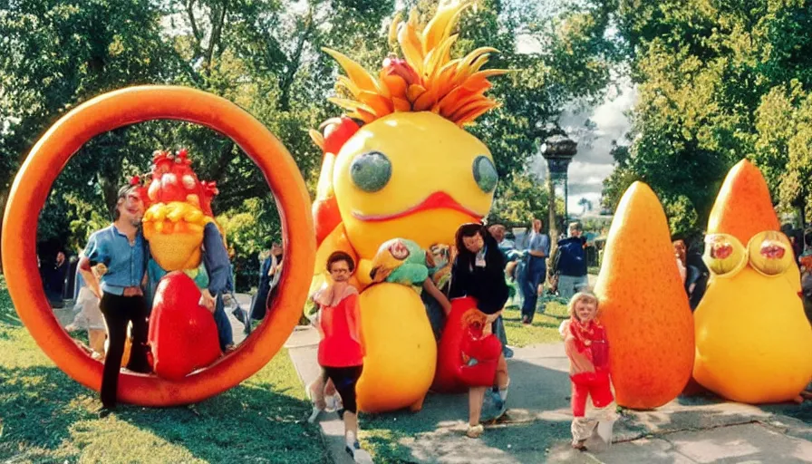 Image similar to 1990s candid photo of a beautiful day at the park, cinematic lighting, cinematic look, golden hour, costumed fruit mascot people coming out of a portal, Enormous personified fruit people with outstandingly happy faces coming out of a portal and talking to families, UHD