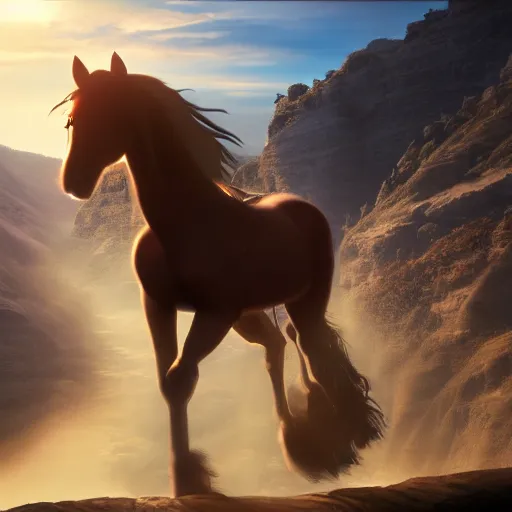 Prompt: spirit untaimed, horse from the movie next to a canyon riding in the sunset, movie poster, 8 k, trending on artstation, global illumination, volumetric shadows