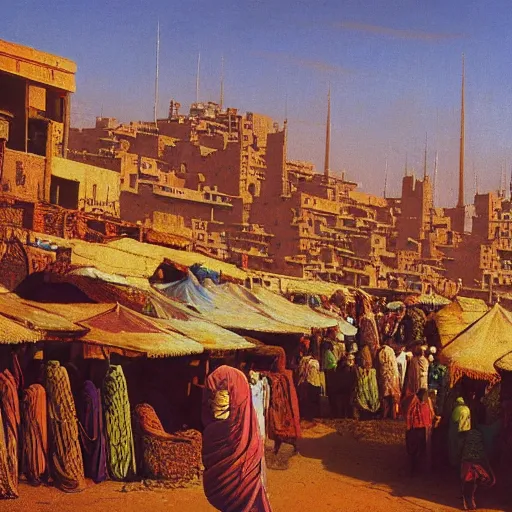 Prompt: a busy bazaar in timbuktu on a sunny day, high detail, beksinski, ted nashmith, moebius