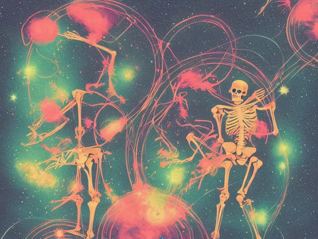 Prompt: the perfect circular portrait of an x-ray skeleton flying and squirting fluorescent liquid in the cosmos, small refracting glitter rainbow mirrors, screen print by Kawase Hasui and tom bagshaw