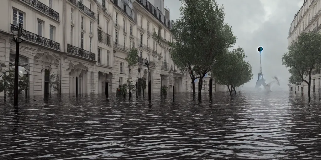 Prompt: Flooding in Paris, old city , big waves, Photo realistic, octane render, rain, lightning