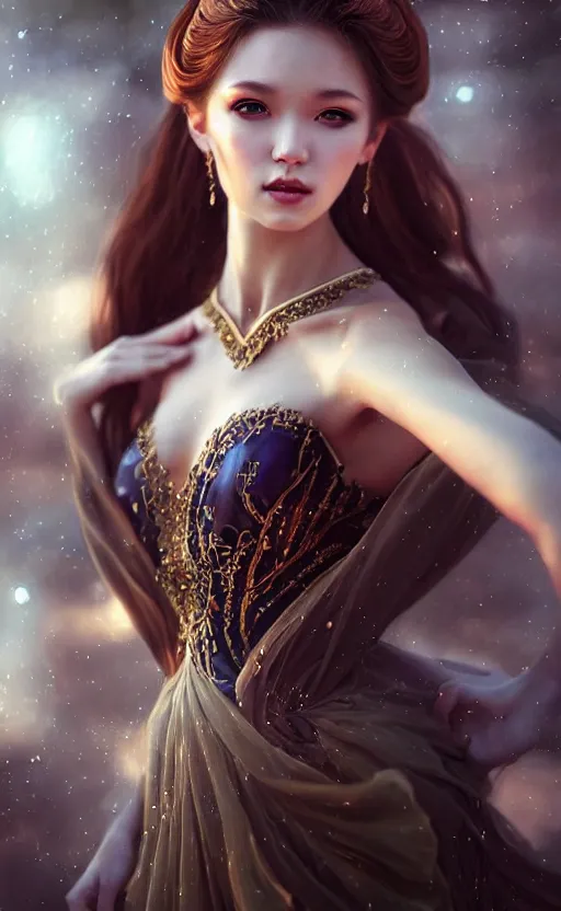 Image similar to a fantasy photo of gorgeous russian female, evening gown, bokeh, medium shot, beautiful face, professionally retouched, soft lighting, realistic, smooth face, perfect eyes, sharp focus, 8 k realistic high definition, insanely detailed, intricate, elegant, art by artgerm and kyoung hwan kim