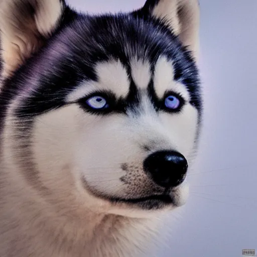 Image similar to a small husky with blue eyes, 8k, photorealistic, intricate detail, golden hour, portrait