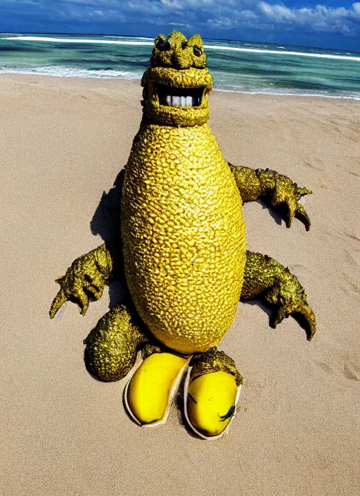 Image similar to godzilla as a banana on the sand of a beach