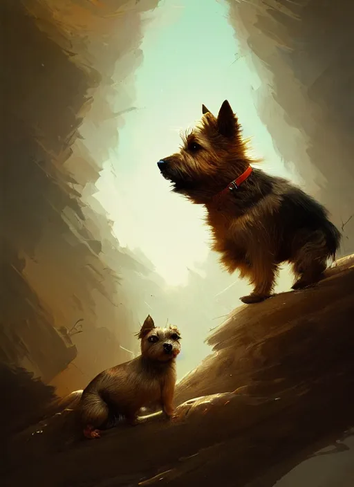 Image similar to norwich terrier as an north wich, backround dark, highly detailed, digital illustration, trending in artstation, modern painting, smooth, sharp focus, intricate, by peter mohrbacher