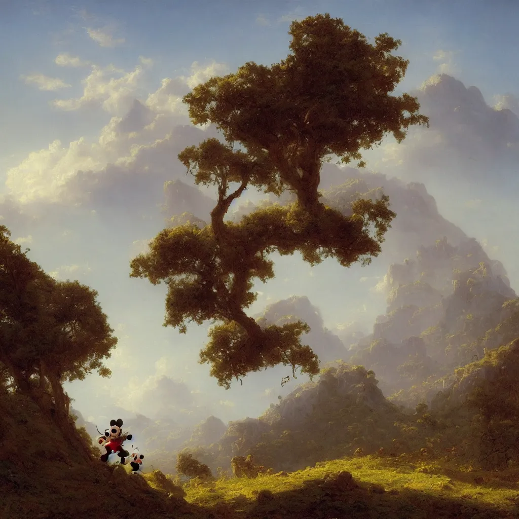 Prompt: a photograph of mickey mouse standing in an ancient classical landscape ivan aivazovski, andreas achenbac