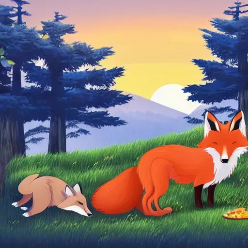 Image similar to a fox and a wolf having a picnic together on the top of a scenic hill at sunrise, storybook illustration