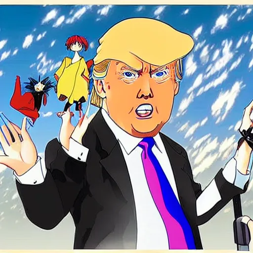 Image similar to donald trump in an anime, studio ghibli style,