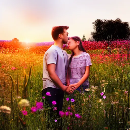 Image similar to a young couple holding hands in a field of flowers at sunset, realistic, intricate, 4k