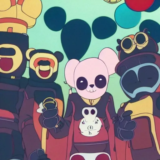 Image similar to happybears!, humanoid bears, bear costumes, happy faces, evil happy faces, rollerblading, rollerskates, four humanoid bears, 2 0 0 1 anime, flcl, golden hour, japanese town, cel - shaded, strong shadows, vivid hues, y 2 k aesthetic