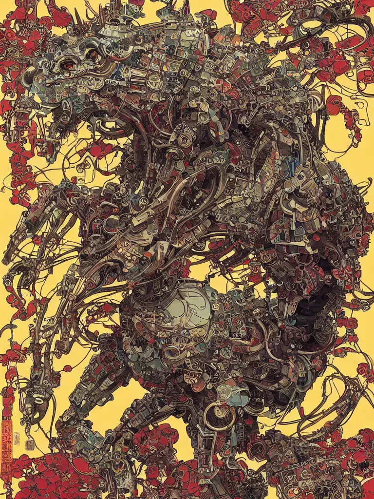 Image similar to cyberpunk oimmortal beast from chinese mythology cyborg portrait, illustration, pop art, splash painting, art by geof darrow, ashley wood, alphonse mucha, makoto shinkai