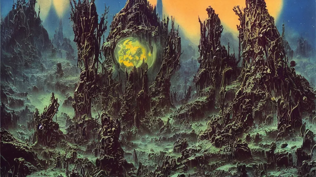 Image similar to surreal eerie alien planet empire with strange biomechanical plants by frank frazetta and bruce pennington, cinematic matte painting