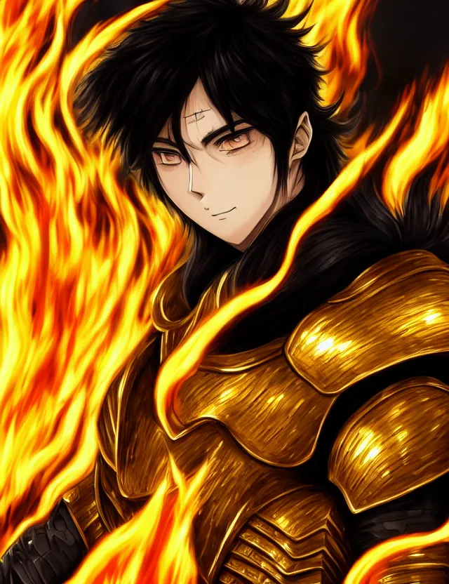 Image similar to a detailed manga portrait of a black haired man with hazel eyes in gleaming golden armour that burns with golden fire, trending on artstation, digital art, 4 k resolution, detailed, high quality, sharp focus, hq artwork, coherent, insane detail, character portrait