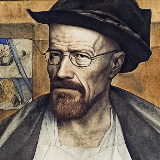 Prompt: portrait of walter white from breaking bad handling econ test tubes with chemicals, detailed oil painted by albrecht durer, classic pose, medieval dressed