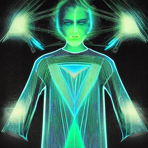 Image similar to ethereal long sleeve t shirt made of blue and green light, divine, cyberspace, mysterious, dark high-contrast concept art