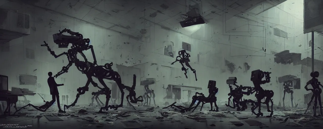 Image similar to duotone noir concept illustration boston dynamics robots fighting with bureaucrats in suits in the ruined offices, octane render, concept hideo kojima surreal atmosphere, abandoned buildings volumentric lighting. cosmic horror. accidental renaissance. by sachin teng and sergey kolesov and ruan jia and heng z. graffiti art, scifi, fantasy, hyper detailed. trending on artstation