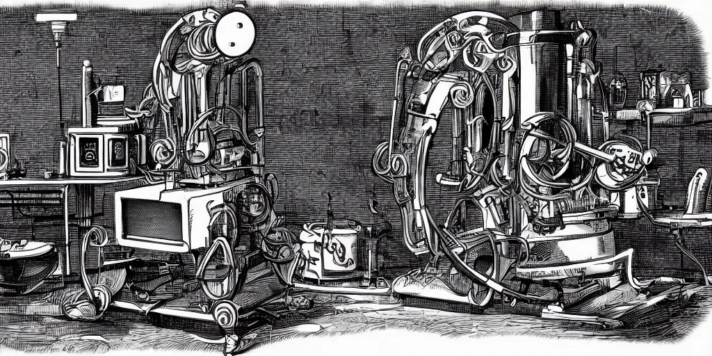 Prompt: illustration of a mad scientist's machine