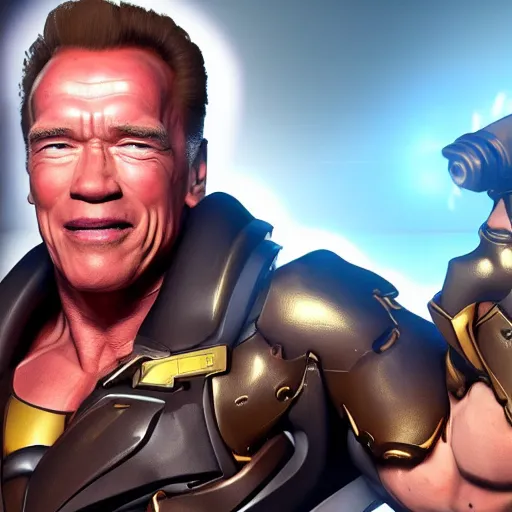 Image similar to a screenshot of arnold schwarzenegger as mercy in overwatch