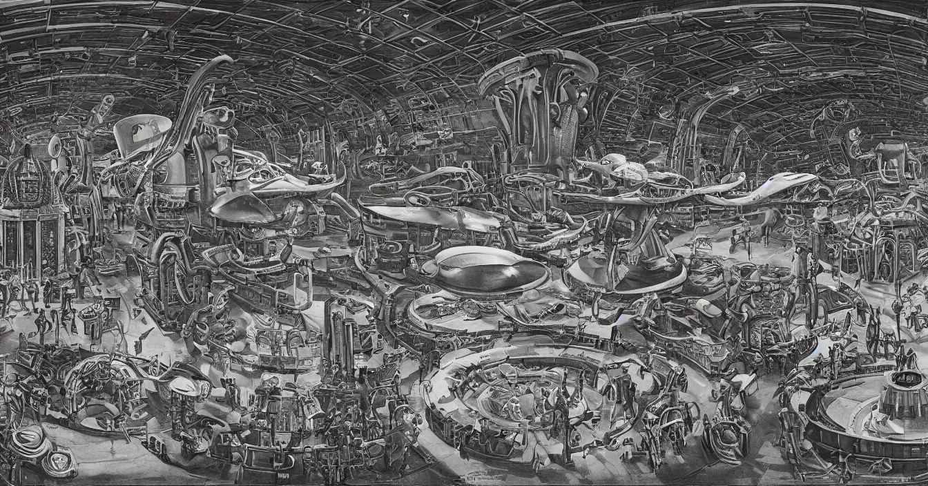 Prompt: Interior of the hall in area 55, full of alien military equipment, engineers working on flying saucers, high detail, wide perspective, saturated colors, by H.R. Giger