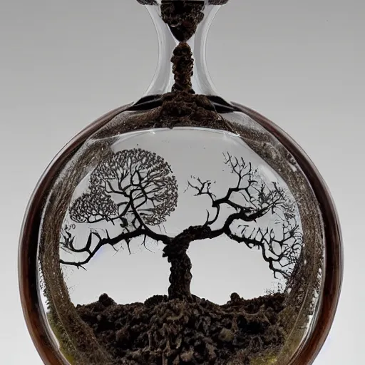 Prompt: An antique , intricate hourglass , containing a tree of life , that corrodes to dirt as it erodes down to the bottom section