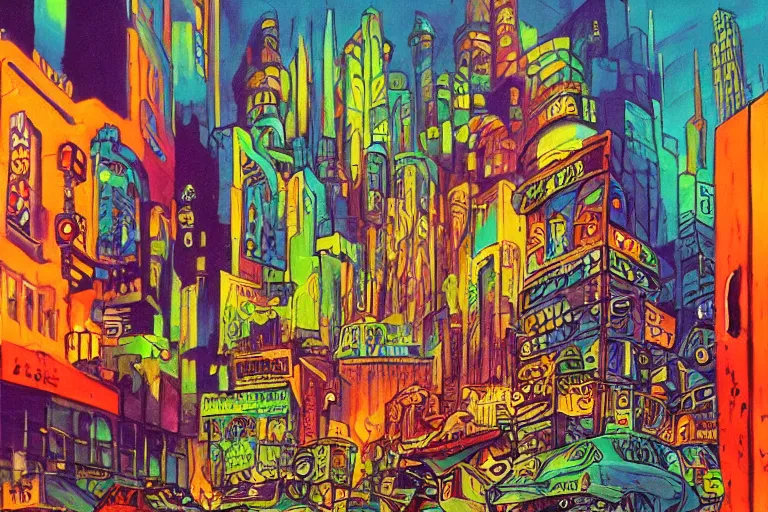 Prompt: surreal colorful nightmarish cityscape, artwork by ralph bakshi