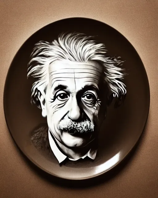 Image similar to a portrait of albert einstein sitting at the dining table with a plate containing namkeen in front of him, highly detailed, trending on artstation, bokeh, 9 0 mm, f / 1. 4