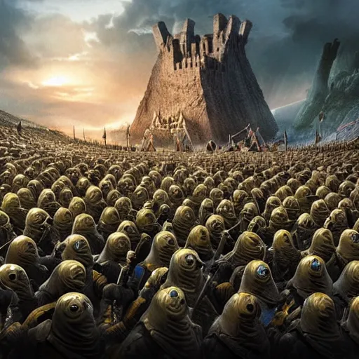 Prompt: An army of minions defend Helm’s Deep, lord of the rings concept art, sharp lighting, 4k, detailed, bright colors