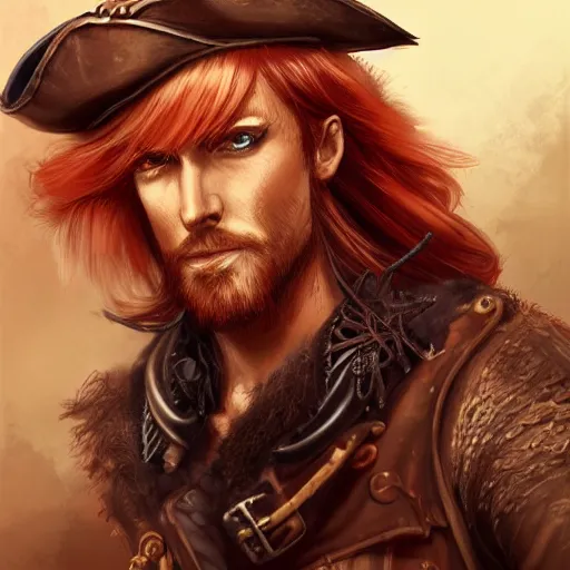 Image similar to rugged playful pirate, 3 0 years old, male, handsome, masculine, red hair, long hair, soft hair, fantasy, intricate, elegant, highly detailed, steampunk, airship, digital painting, artstation, concept art, character art, smooth, sharp focus, illustration, art by artgerm