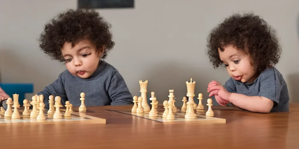 Image similar to a very smart baby playing chess with professor Albert Einstein