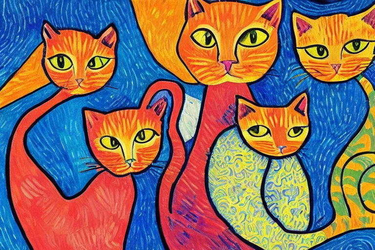 Image similar to beautiful art illustration of a group of cats by laurel burch and van gogh, oil painting, highly detailed