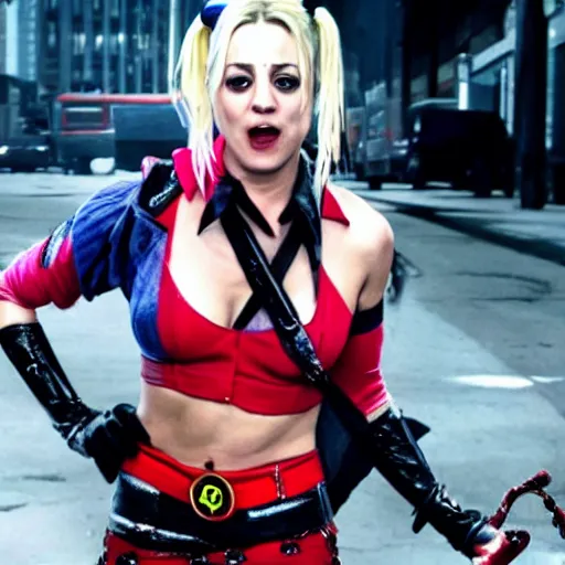 Image similar to A still of Kaley Cuoco as Harley Quinn