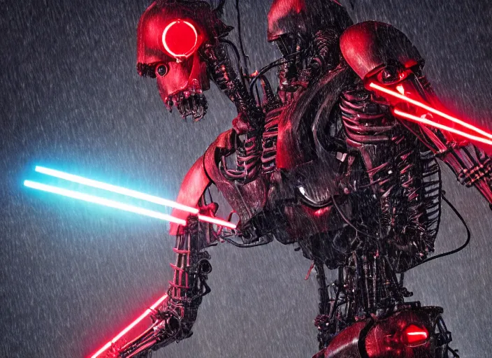 Image similar to portrait photo of general grievous with heavy duty biomechanical cybernetic body with 4 arms holding 4 activated red lightsabers in the rain. cyberpunk horror style.