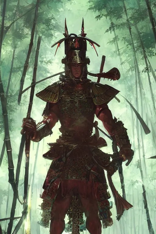 Image similar to a warrior in an epic samurai armor in dark japanese bamboo forest with light shafts, by jesper ejsing and maciej kuciara