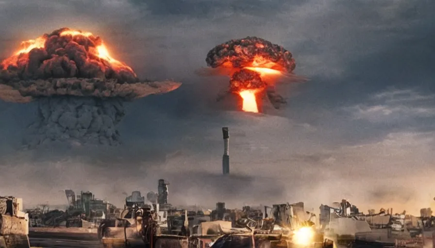 Image similar to big budget action movie about a nuclear explosion destroying a city