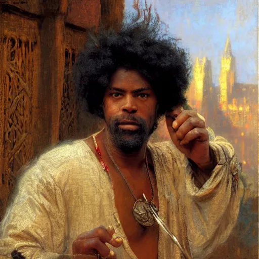 Image similar to a medieval carpenter, afro-featured, relaxing after work, candid, fantasy character portrait by gaston bussiere, craig mullins