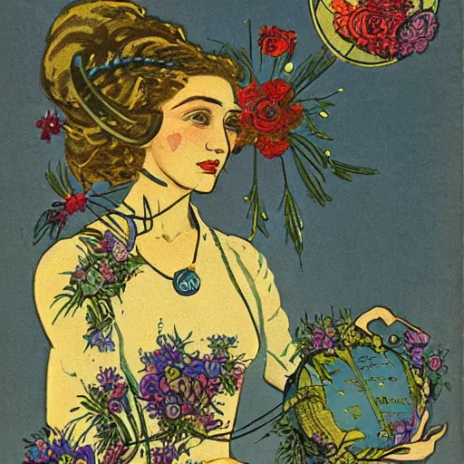 Image similar to a royal portrait of a cyborg woman. she holds a globe in one hand and flowers in the other. illustrated by burton rice. 1 9 1 2.