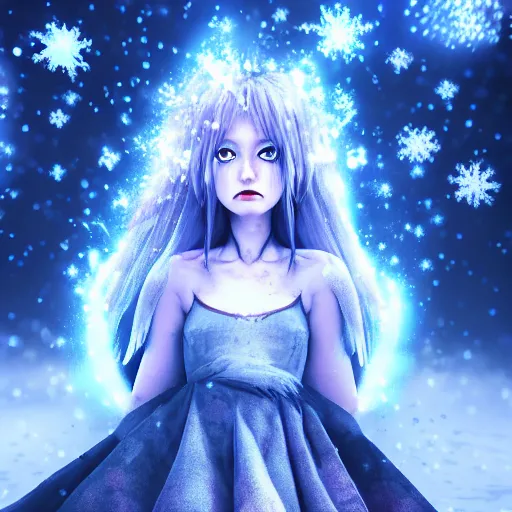 Prompt: photorealistic full body shot of masterpiece angry darkness anime girl, beautifull lovely eyes, electric aura with particles, snowing frozen ice, darkness background, inspired by tim burton, detailed, unreal engine 4 k, volumetric light, fog