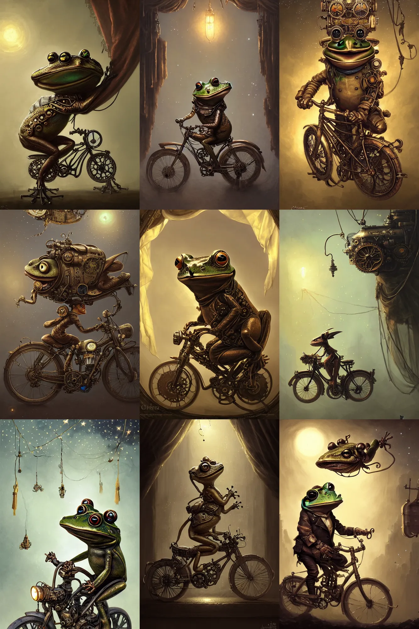 Prompt: a steampunk frog on a bike looking at image portraits on museum walls with stars and hanging silk drapery and tapestries, light dust, magnificent, close up, sharp focus, elegant, highly detailed, illustration, by jordan grimmer greg rutkowski wlop maya takamura, intricate, trending artstation, pixiv, digital art