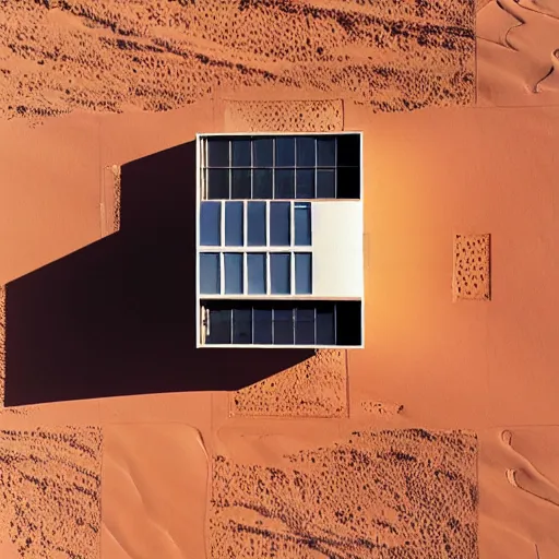 Image similar to A house designed by Miles Van Der Rohe in the middle of the sahara desert. Aerial View. Film Grain, Full color.