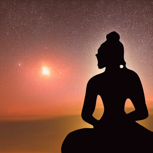 Image similar to Film still of silhouette of indian statue, sukhasana, starry sky with flying saucer, ufo, ufo, ufo, with radiating hill, full shot