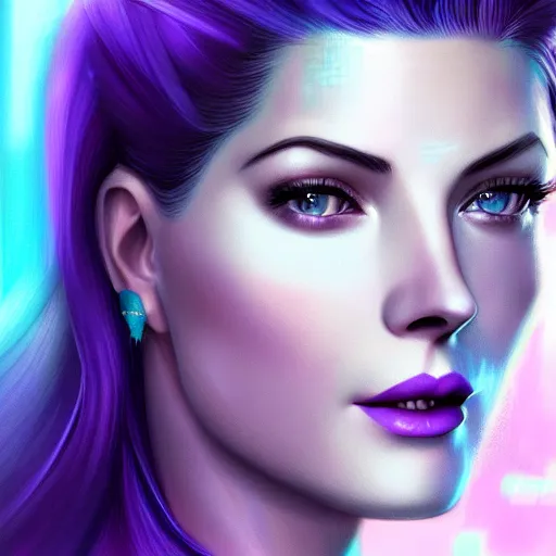 Image similar to A combination of Grace Kelly's and Katheryn Winnick's and Ashley Greene's faces with blue skin and short violet hair as Cortana from Halo, cyberpunk style, synthwave aesthetic, fantasy, intricate, elegant, highly detailed, digital painting, artstation, concept art, matte, sharp focus, illustration, half body portrait, anime style, blue tint, art by Artgerm and Greg Rutkowski and Alphonse Mucha