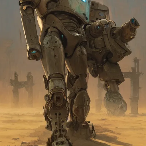 Image similar to two robots in power armor walking in a sand covered street, post apocalyse, ruined subdivision houses, Sci Fi, intricate, elegant, highly detailed, digital painting, artstation, concept art, matte, sharp focus, illustration, art by Greg Rutkowski and Alphonse Mucha