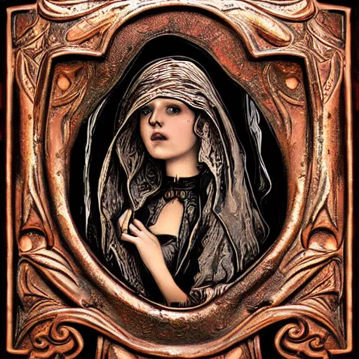 Image similar to steam _ girl _ memento _ mori _ gothic _ neo _ - _ gothic _ art _ nouveau _ hyperdetailed _ copper _ patina _ medieval _ icon _ philippe