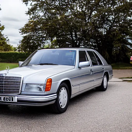 Image similar to award winning photograph of Princess Diana next to a silver Mercedes-Benz W140, Nikon D810, Sigma 35mm ƒ/2.5, award-winning, beautiful, photorealistic, detailed, portrait,