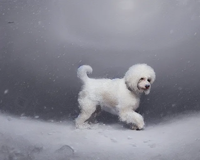 Prompt: prompt bichon battles through snowstorm with stomach scarred, digital painting, in the style of greg rutkowski, highly detailed