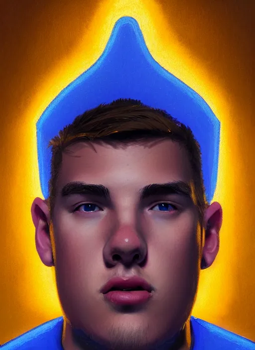 Image similar to portrait of high school senior boy named big moose, blonde short hair, jock, beefy, wide face, square jaw, square facial structure, blue varsity jacket with letter r, intricate, elegant, glowing lights, highly detailed, digital painting, artstation, concept art, sharp focus, illustration, art by wlop, mars ravelo and greg rutkowski