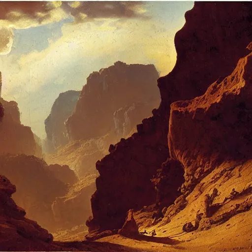 Prompt: an oil painting of a cracked and dry canyon on an alien planet with the sun breaking through clouds by carl spitzweg and tuomas korpi